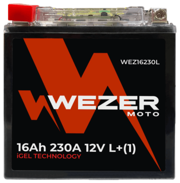 аккумуляторная батарея! 16Ah 230A (moto iGEL) +слева 150/87/161 WEZER арт. WEZ16230L