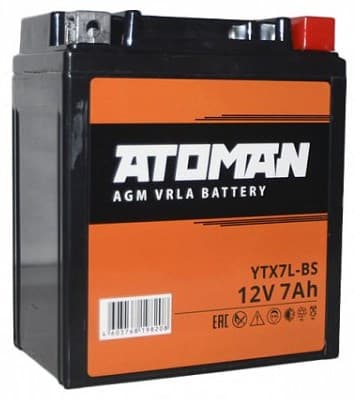 Мото аккумулятор ATOMAN AGM 12V 7Ah (YTX7L-BS) обратная полярность 11,3x7x13,2 см