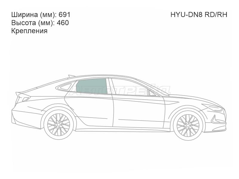 Стекло боковое опускное (Сзади / Справа / Цвет зеленый / Крепления) Hyundai Sonata 19-