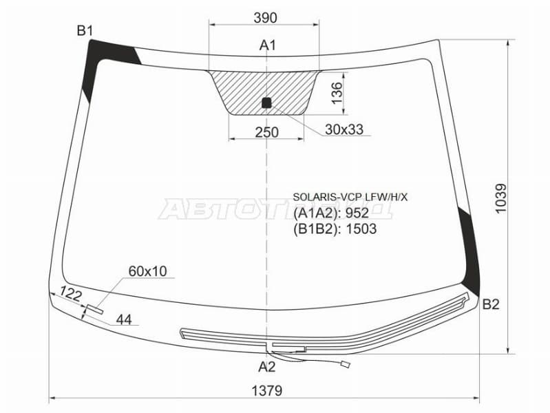 Стекло лобовое (Обогрев щеток) Hyundai Solaris 10-17  / Kia Rio 11-17