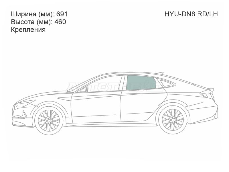 Стекло боковое опускное (Сзади / Слева / Цвет зеленый / Крепления) Hyundai Sonata 19-